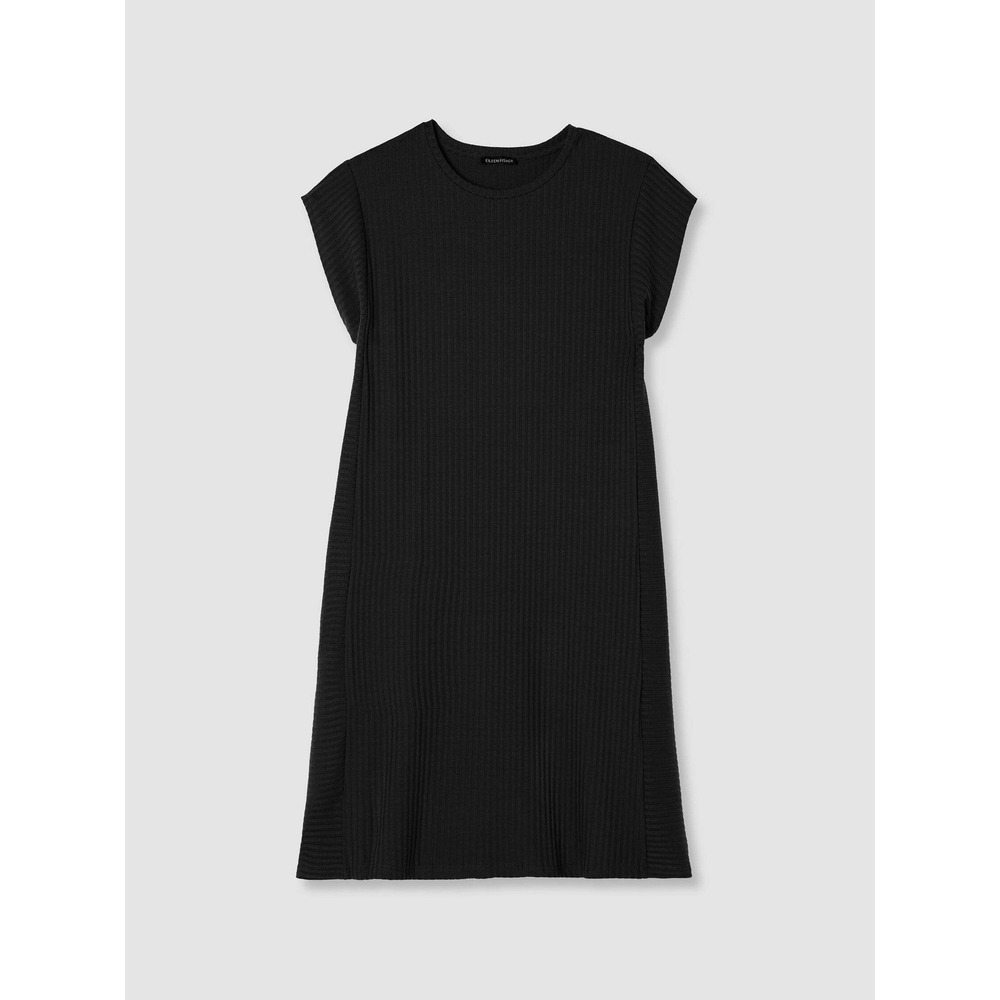 Eileen Fisher women's rib knit textured stretch round minimalist dress black S